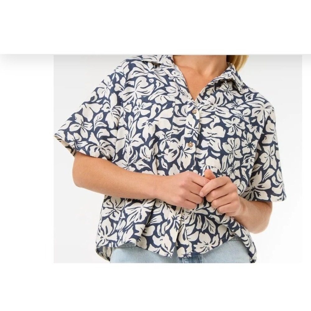 Rip Curl Las Dalias Cotton Linen Hawaiian Floral Shirt Blue/Cream Women's Small